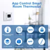 A white thermostat is mounted on a white wall, with a blurred background of a room interior. Below the thermostat, there is a blue section with icons and text describing features. Produktbild-Vorschau
