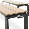 Two modern outdoor benches with wooden seats and black metal frames are shown from a low angle against a white background. Produktbild-Vorschau