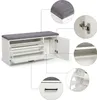 Collage of images showing a white shoe bench with a gray upholstered seat, detailing its features and construction. Voir les images du produit