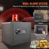 A safe with a flashing red light on top, surrounded by images illustrating its alarm features and stacks of money and gold bars. Produktbild-Vorschau