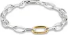 A close-up studio shot of a silver charm bracelet with a single gold oval link. Produktbild-Vorschau
