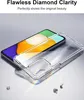 A clear phone case is shown next to a smartphone, with text overlay describing its clarity. Produktbild-Vorschau