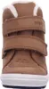 A close-up front view of a brown children's boot with white fur lining. Podgląd zdjęcia produktu