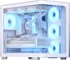 A white computer tower case with internal components illuminated by blue LED lights. Produktbild-Vorschau