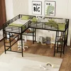A bedroom or play area with a loft bed setup, including desks and chairs. Voir les images du produit