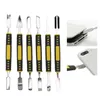 A set of six electronic repair tools, including spudgers and pry tools, arranged in a row. To the right, there are two inset images showing the tools being used to open electronic devices like a smartphone. Podgląd zdjęcia produktu