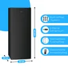 A black refrigerator with feature callouts and dimensions. Produktbild-Vorschau