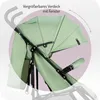 Close-up of a green baby stroller canopy, highlighting its extendable feature with text. Náhled obrázku produktu
