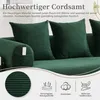 A close-up view of a green corduroy sofa with pillows, featuring marketing text and icons. Produktbild-Vorschau