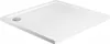 A white square shower tray with a silver drain cover. Produktbild-Vorschau
