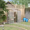 A greenhouse in a backyard setting with plants, gardening tools, and storage barrels. Produktbild-Vorschau
