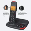 A cordless phone with a charging base, featuring call answering and volume adjustment features highlighted with text and callouts. Náhled obrázku produktu