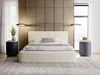 A modern bedroom with a beige upholstered bed as the focal point. Produktbild-Vorschau