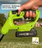 A hand holding a green electric trimmer in an outdoor grassy setting. Produktbild-Vorschau