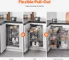 A collage of three images showing a kitchen cabinet pull-out organizer in different stages of extension. Náhled obrázku produktu