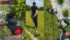 A collage of three images showing a person using a cordless grass trimmer in a garden setting. Podgląd zdjęcia produktu
