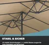 Close-up view of the frame and fabric of a large outdoor umbrella, with text overlay highlighting its stability and safety. Anteprima dell’immagine prodotto