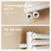 Two close-up images showing technical specifications of a white radiator. Náhled obrázku produktu
