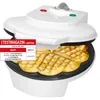 A white waffle maker with a waffle inside, featuring a test magazine review overlay. Produktbild-Vorschau