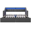 A grey upholstered daybed with its mattress support frame extended, revealing the slatted base and LED lighting. Náhled obrázku produktu