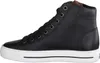 A side view of a black high-top sneaker with a white sole. Voir les images du produit