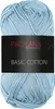 A ball of light blue yarn with a black label. Produktbild-Vorschau