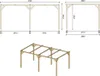 Technical drawings and a 3D rendering of a wooden carport structure. Produktbild-Vorschau