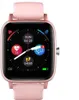 A pink smartwatch with a black screen displaying various health and time information. Voir les images du produit