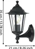 A black outdoor wall lamp with glass panels is shown against a white background. Dimensions are indicated with measurement lines and text. Anteprima dell’immagine prodotto