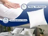 A hand pressing on a pillow, with marketing text and icons, and a pillow shown in a bedroom setting. Produktbild-Vorschau