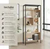 A tectake bookshelf with various decorative items and books on display, presented with feature callouts. Produktbild-Vorschau