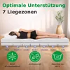 A woman is lying on a mattress, with text and icons overlaid on the image. Produktbild-Vorschau