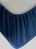 A close-up view of the elasticated edge of a dark blue fitted sheet. Produktbild-Vorschau
