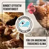 A split image showing chickens in a coop on the left and a close-up of a chicken's head on the right, with marketing text and a circular graphic. Produktbild-Vorschau