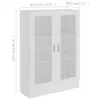 A white display cabinet with glass doors and shelves, shown with dimensions indicated by text overlays. Náhled obrázku produktu