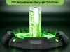 A single AA battery is shown in the center of a futuristic charging stand with green energy emanating from it. Produktbild-Vorschau