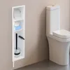A white bathroom storage unit with toilet paper, tissues, and a toilet brush next to a white toilet. Voir les images du produit