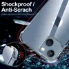A close-up of a clear phone case on a dark, rocky surface, with text overlay highlighting its features. Produktbild-Vorschau