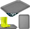 A collage showing a grey plastic shoe tray with a textured surface, a pair of green rubber boots, and a close-up of the tray. Náhľad obrázku produktu
