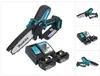 A collage of images showing a cordless chainsaw and its accessories. Produktbild-Vorschau