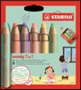 Packaging for a set of STABILO woody 3-in-1 colored pencils with a sharpener, featuring illustrations of children drawing. Voir les images du produit