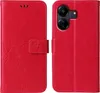 A red flip cover phone case for a Xiaomi Redmi 13C is shown, with a floral and butterfly design embossed on the front cover. The case is open, revealing the inside and the camera cutout on the back of the phone it is designed for. Produktbild-Vorschau