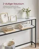 A narrow console table with a marble-effect top and two shelves, decorated with picture frames, a speaker, books, and a vase of flowers. Produktbild-Vorschau