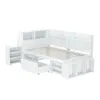A white bed with integrated shelving and storage drawers. Produktbild-Vorschau