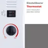Close-up of a white electric heater with controls and descriptive text. Produktbild-Vorschau