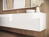 A white, high-gloss TV cabinet mounted on a wooden wall. Anteprima dell’immagine prodotto