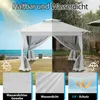 A split image showing a white gazebo in sunny weather on one side and rainy weather on the other, with close-up shots of fabric features at the bottom. Náhled obrázku produktu