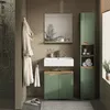 A modern bathroom with a green vanity, sink, mirror, and a tall cabinet. Náhled obrázku produktu