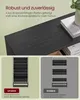 A split image showing a close-up of a black furniture piece with text overlays and two comparison graphics of shoe racks. Produktbild-Vorschau