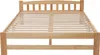 A wooden bed frame with a slatted base and a headboard, shown from the front on a white background. Produktbild-Vorschau